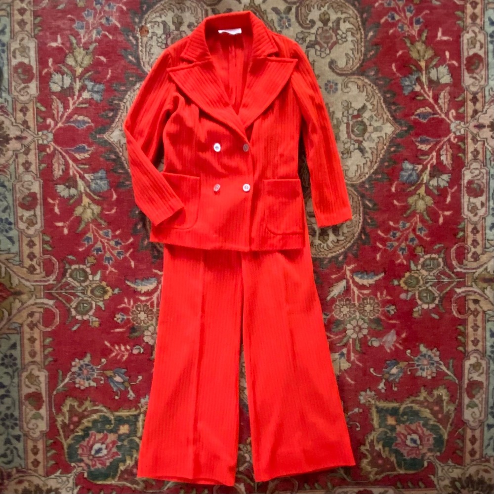 Love Kisses Pant Suit Women XS Red Excellent Vintage 70s Ribbed Knit Wide Leg